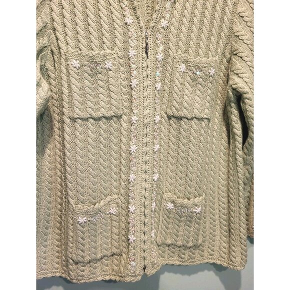 Itsu Lt Green Beaded Silk Blend Cableknit Zip Up Cardigan Sweater Sz L Pockets - Picture 3 of 7